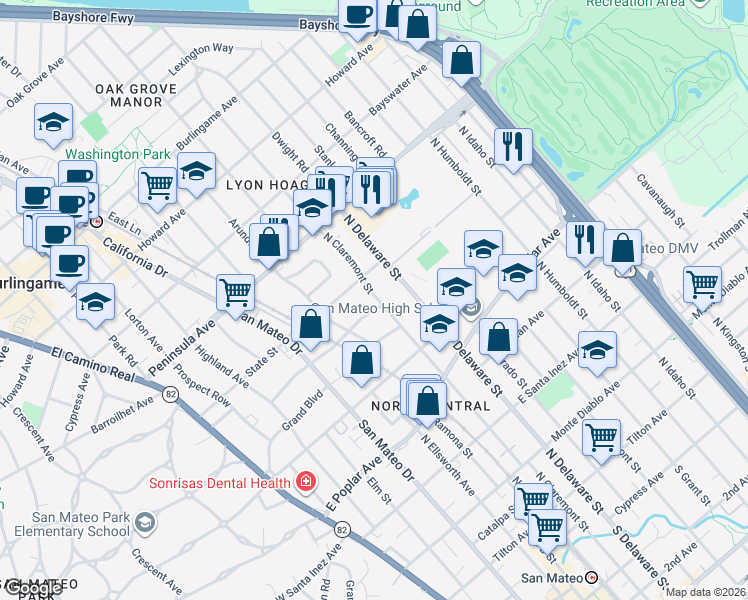 map of restaurants, bars, coffee shops, grocery stores, and more near 655 North Delaware Street in San Mateo
