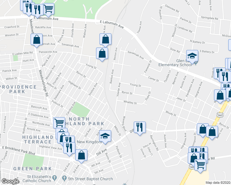 map of restaurants, bars, coffee shops, grocery stores, and more near 1313 Byron Street in Richmond