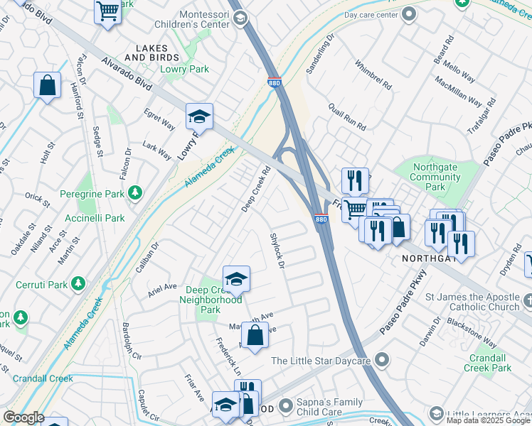 map of restaurants, bars, coffee shops, grocery stores, and more near 33710 Shylock Drive in Fremont