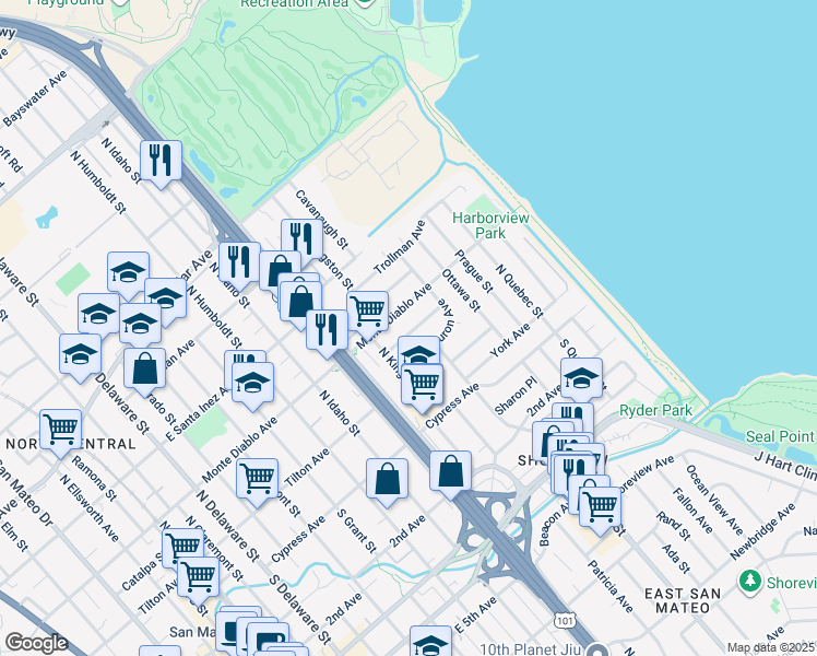 map of restaurants, bars, coffee shops, grocery stores, and more near 1407 Monroe Avenue in San Mateo
