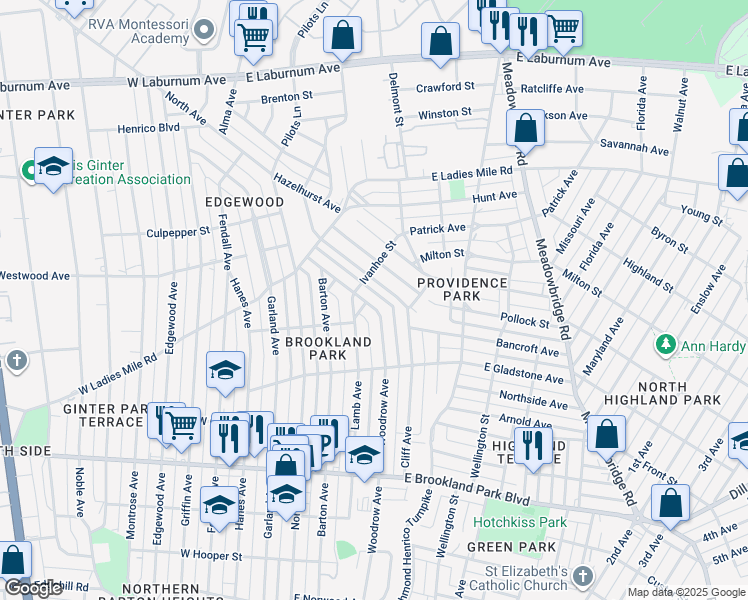 map of restaurants, bars, coffee shops, grocery stores, and more near 3235 Woodrow Avenue in Richmond