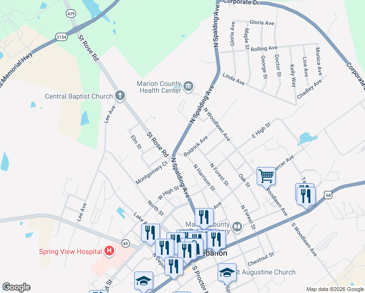 map of restaurants, bars, coffee shops, grocery stores, and more near 400-478 North Spalding Avenue in Lebanon