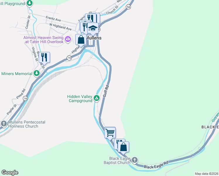 map of restaurants, bars, coffee shops, grocery stores, and more near Highway 16 in Mullens