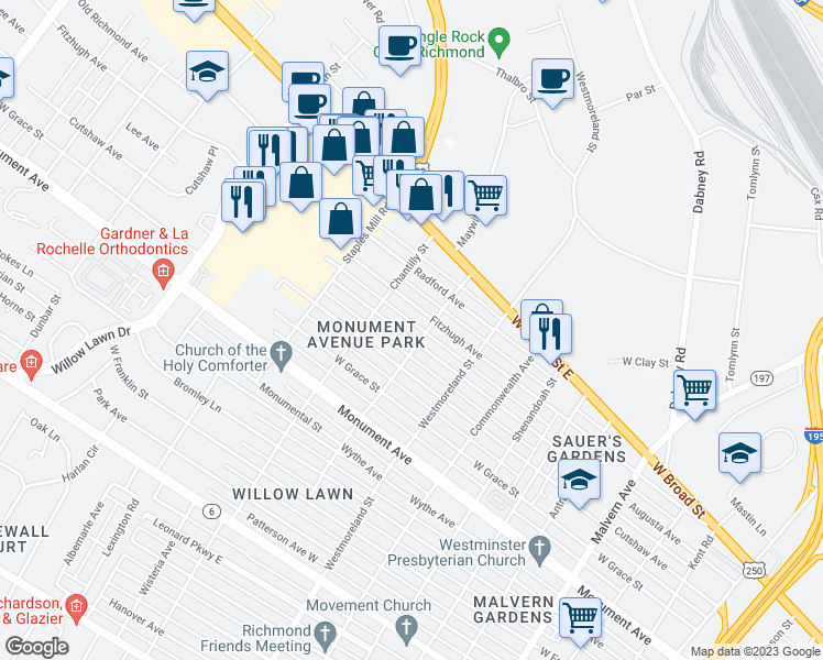 map of restaurants, bars, coffee shops, grocery stores, and more near 4704 Augusta Avenue in Richmond