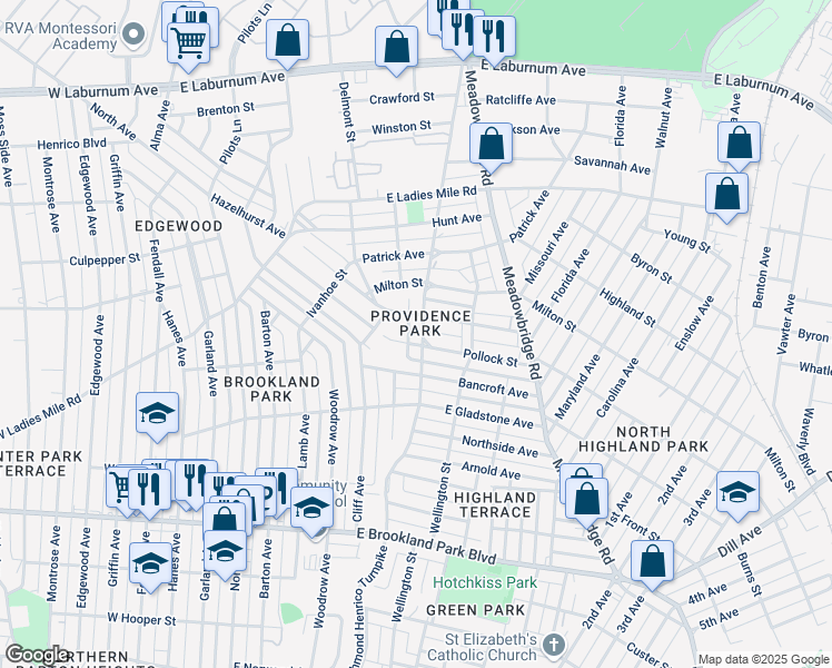 map of restaurants, bars, coffee shops, grocery stores, and more near 3306 Richmond Henrico Turnpike in Richmond