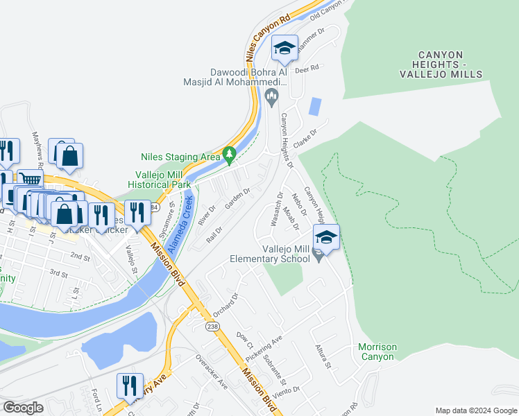 map of restaurants, bars, coffee shops, grocery stores, and more near 38345 Timpanogas Circle in Fremont