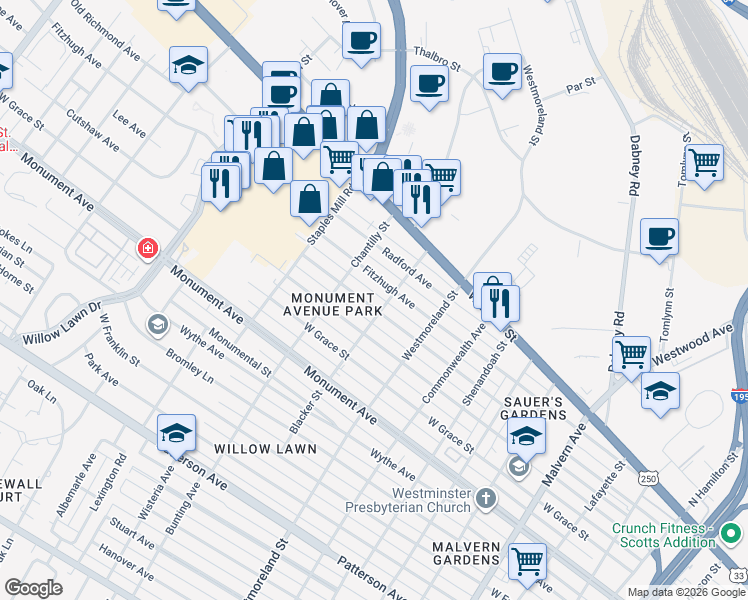 map of restaurants, bars, coffee shops, grocery stores, and more near 4711 Fitzhugh Avenue in Richmond