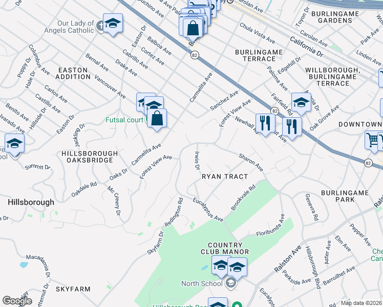 map of restaurants, bars, coffee shops, grocery stores, and more near 1828 Forest View Avenue in Hillsborough