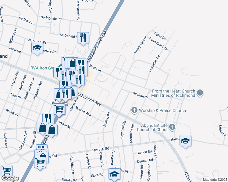map of restaurants, bars, coffee shops, grocery stores, and more near 3805 Pinewood Glen Lane in Richmond