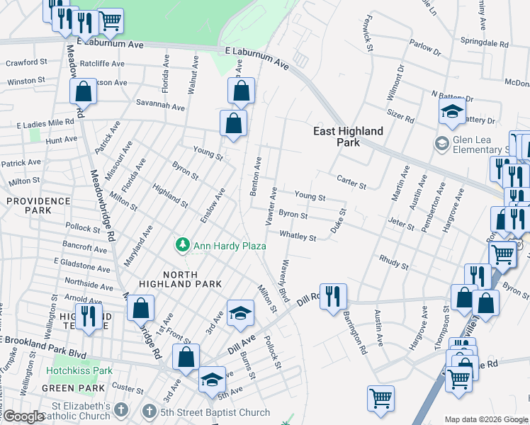map of restaurants, bars, coffee shops, grocery stores, and more near 3606 Vawter Avenue in Richmond