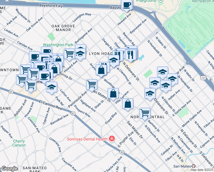map of restaurants, bars, coffee shops, grocery stores, and more near 853 Woodside Way in San Mateo