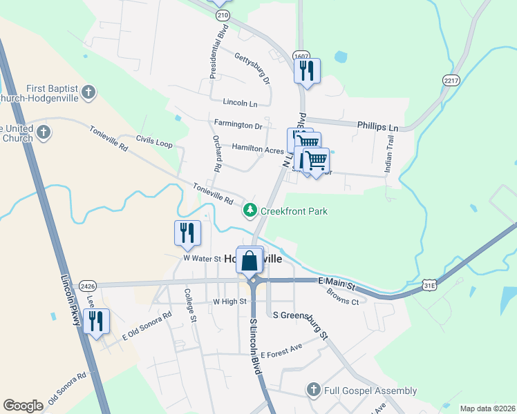 map of restaurants, bars, coffee shops, grocery stores, and more near 2-414 Hamilton Heights Ave in Hodgenville