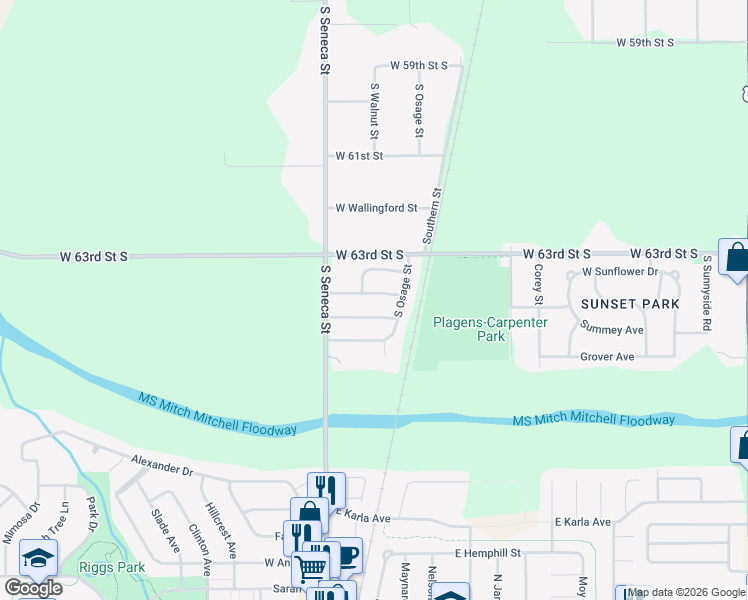 map of restaurants, bars, coffee shops, grocery stores, and more near 901 West Sunflower Drive in Wichita