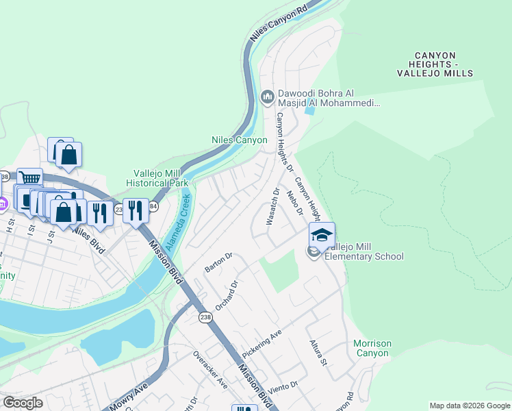 map of restaurants, bars, coffee shops, grocery stores, and more near 38345 Timpanogas Circle in Fremont