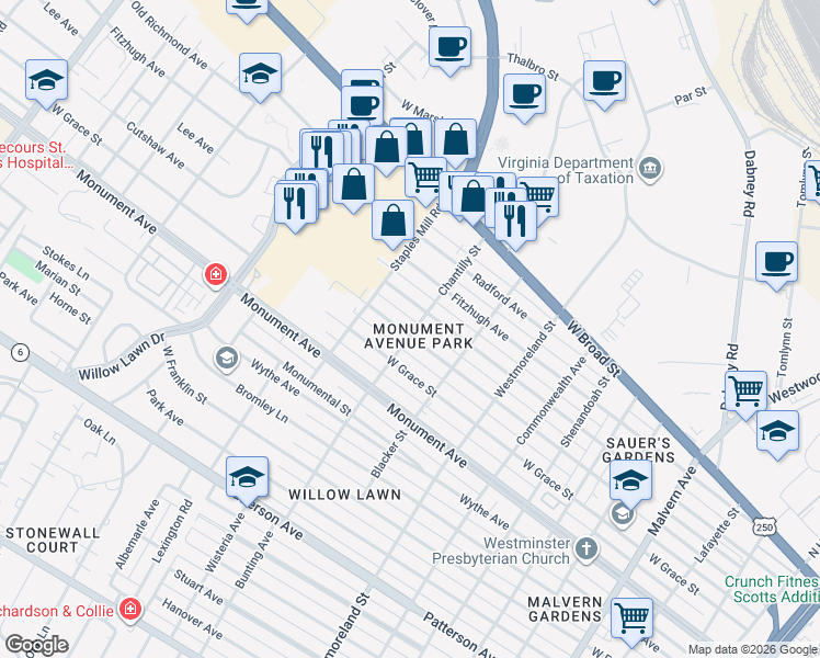 map of restaurants, bars, coffee shops, grocery stores, and more near in Richmond