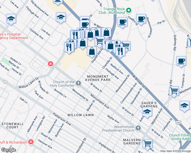 map of restaurants, bars, coffee shops, grocery stores, and more near 4800 Cutshaw Avenue in Richmond
