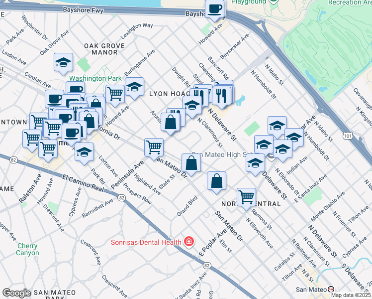 map of restaurants, bars, coffee shops, grocery stores, and more near 845 Woodside Way in San Mateo