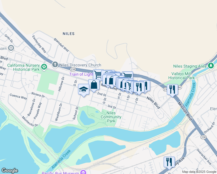 map of restaurants, bars, coffee shops, grocery stores, and more near 37299 Niles Boulevard in Fremont