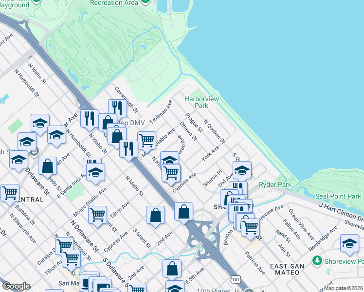 map of restaurants, bars, coffee shops, grocery stores, and more near 124 Huron Avenue in San Mateo