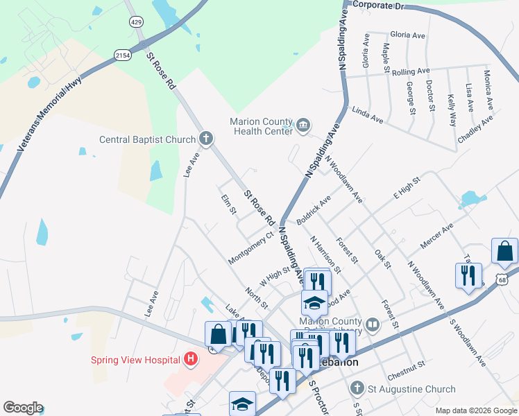 map of restaurants, bars, coffee shops, grocery stores, and more near 426 Saint Rose Road in Lebanon