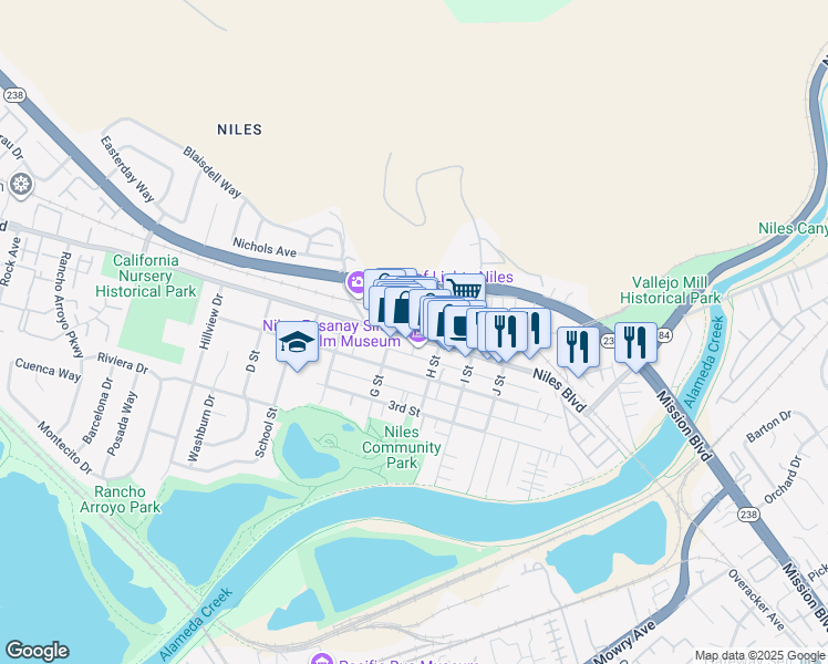 map of restaurants, bars, coffee shops, grocery stores, and more near 37372 Niles Boulevard in Fremont