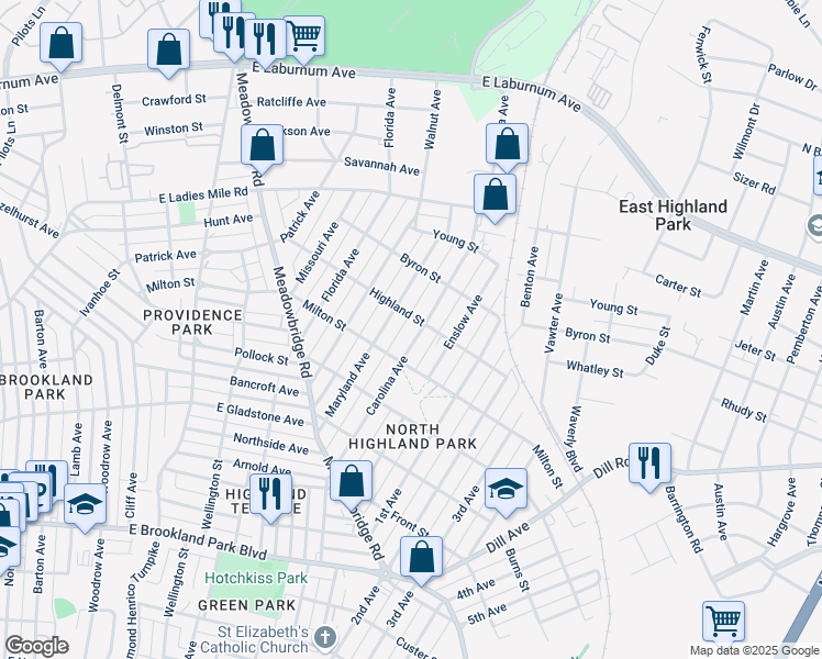 map of restaurants, bars, coffee shops, grocery stores, and more near 3418 Carolina Avenue in Richmond