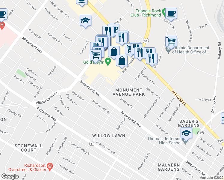 map of restaurants, bars, coffee shops, grocery stores, and more near 4820 West Grace Street in Richmond
