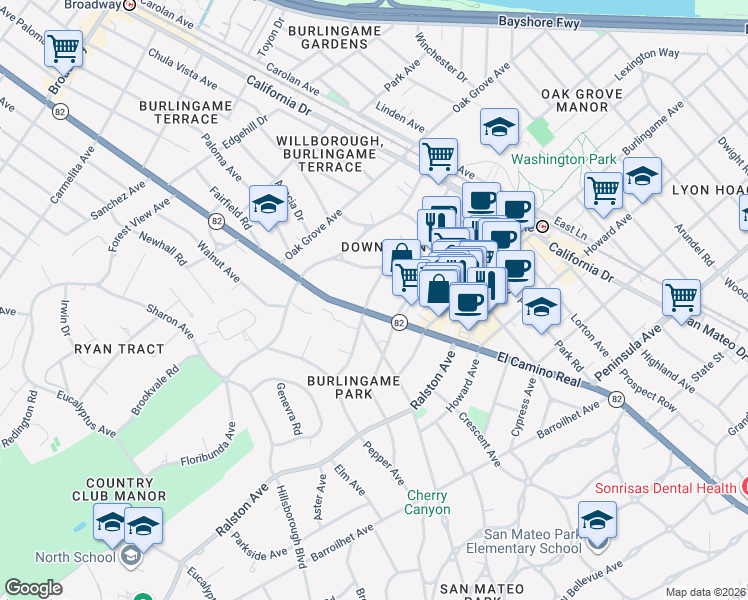 map of restaurants, bars, coffee shops, grocery stores, and more near 1469 Bellevue Avenue in Burlingame