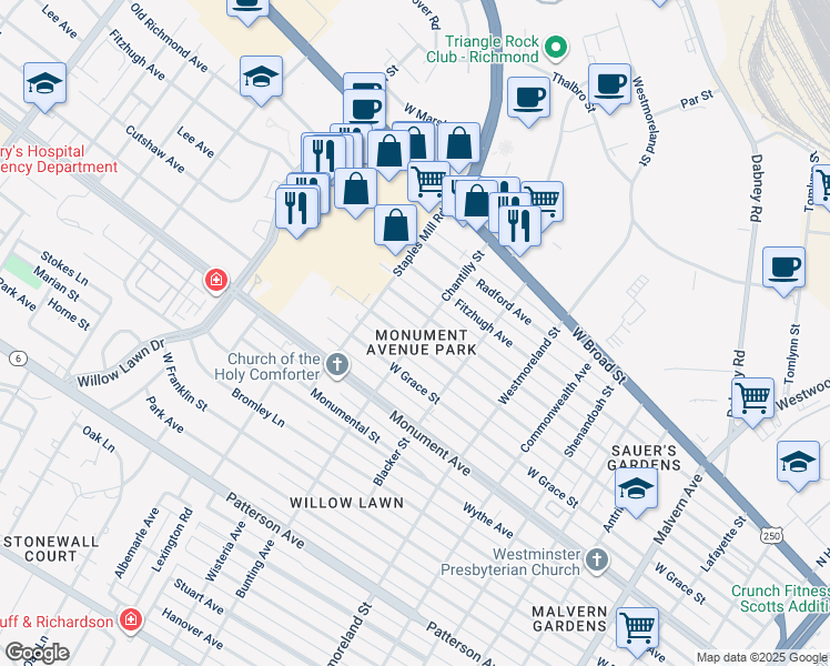 map of restaurants, bars, coffee shops, grocery stores, and more near 4800 Cutshaw Avenue in Richmond
