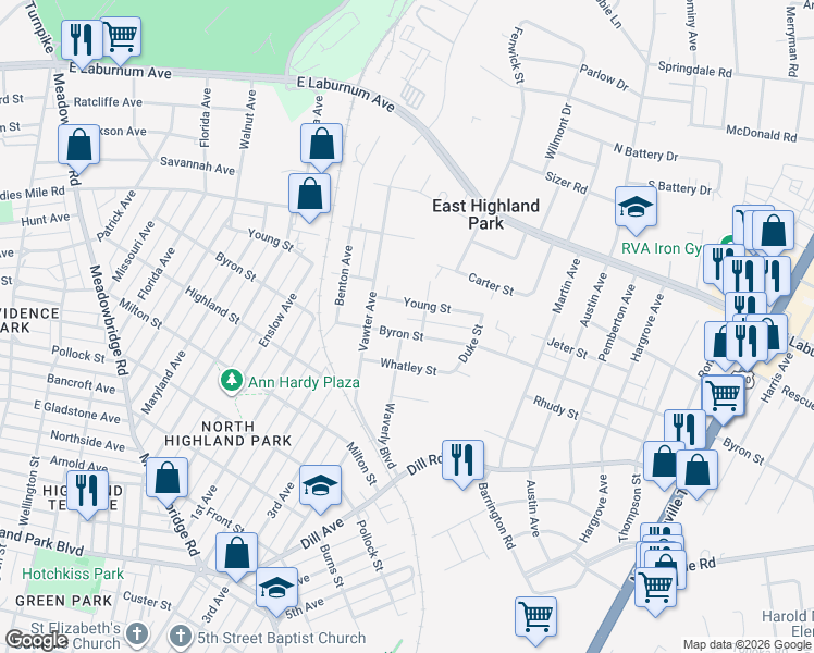 map of restaurants, bars, coffee shops, grocery stores, and more near 1414 Byron Street in Richmond