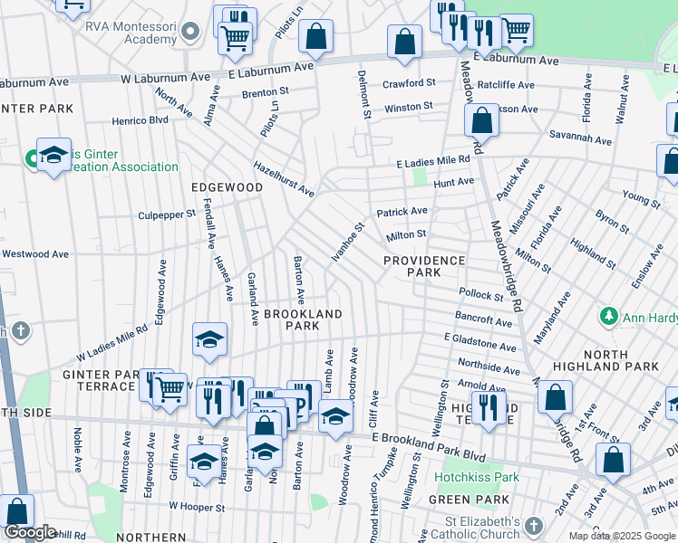 map of restaurants, bars, coffee shops, grocery stores, and more near 3239 Woodrow Avenue in Richmond