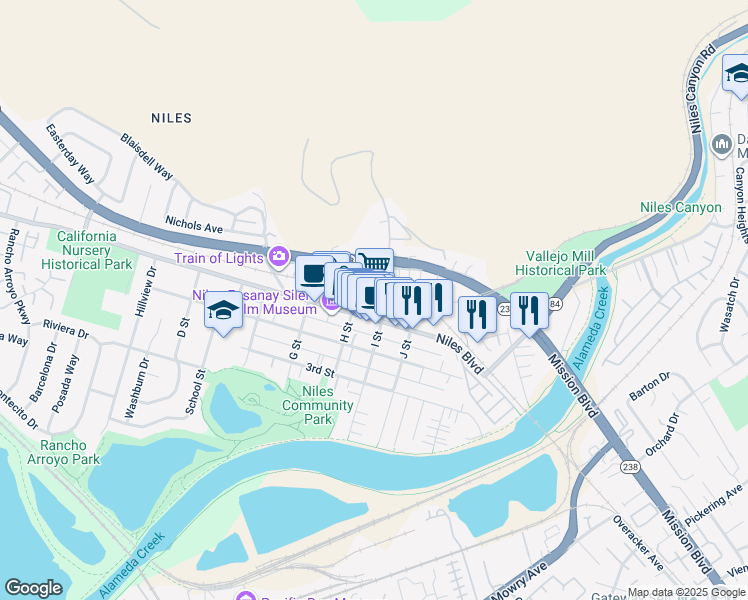 map of restaurants, bars, coffee shops, grocery stores, and more near 37592 Niles Boulevard in Fremont