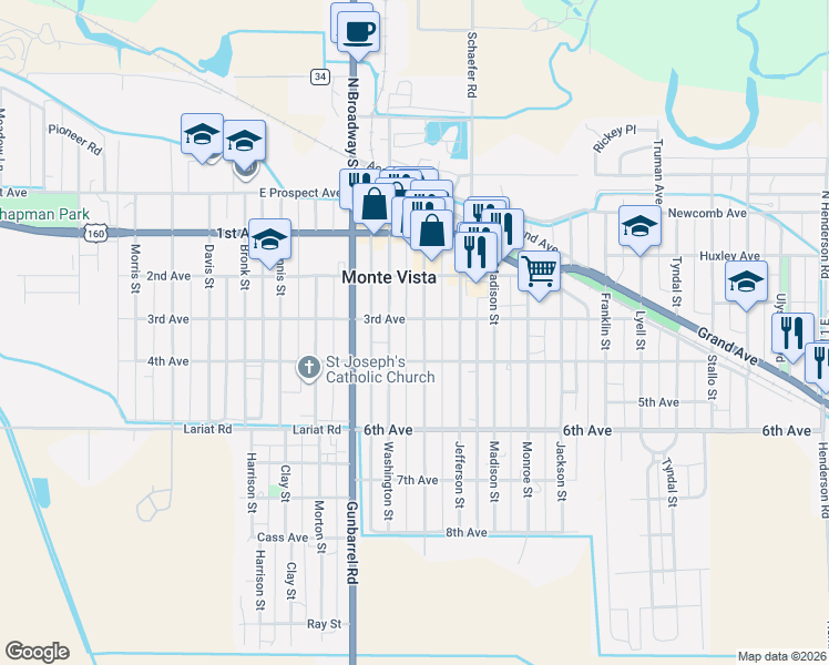map of restaurants, bars, coffee shops, grocery stores, and more near 801-845 3rd Avenue in Monte Vista