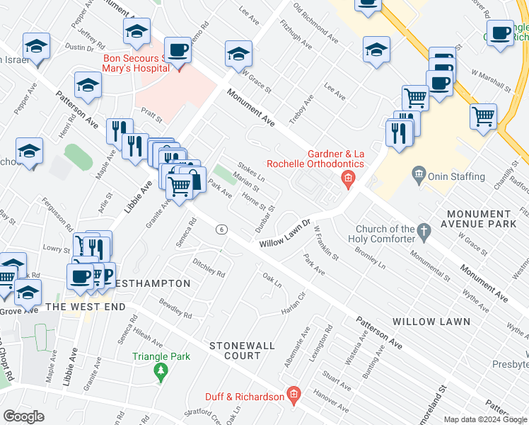 map of restaurants, bars, coffee shops, grocery stores, and more near 5301 Horne Street in Richmond