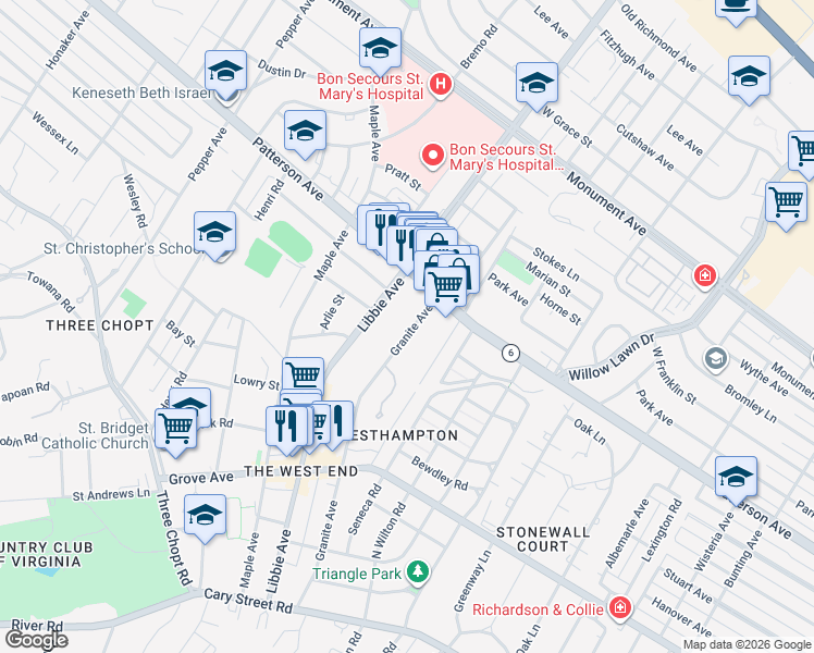 map of restaurants, bars, coffee shops, grocery stores, and more near 532 Granite Avenue in Richmond