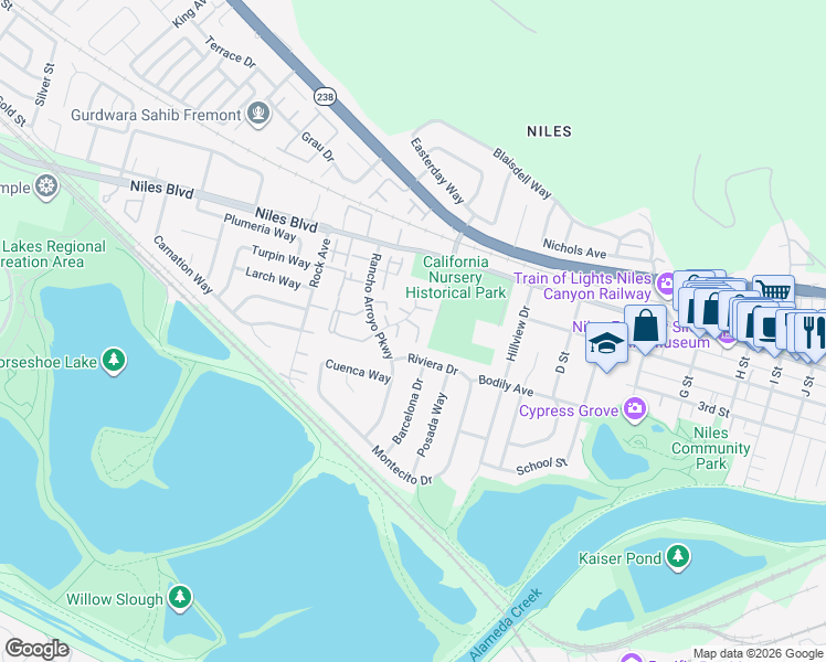 map of restaurants, bars, coffee shops, grocery stores, and more near 375 Serramonte Terrace in Fremont