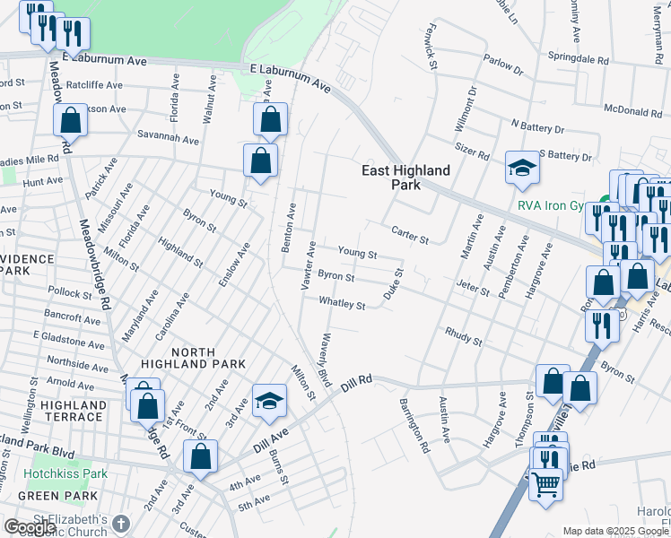 map of restaurants, bars, coffee shops, grocery stores, and more near 1410 Byron Street in Richmond