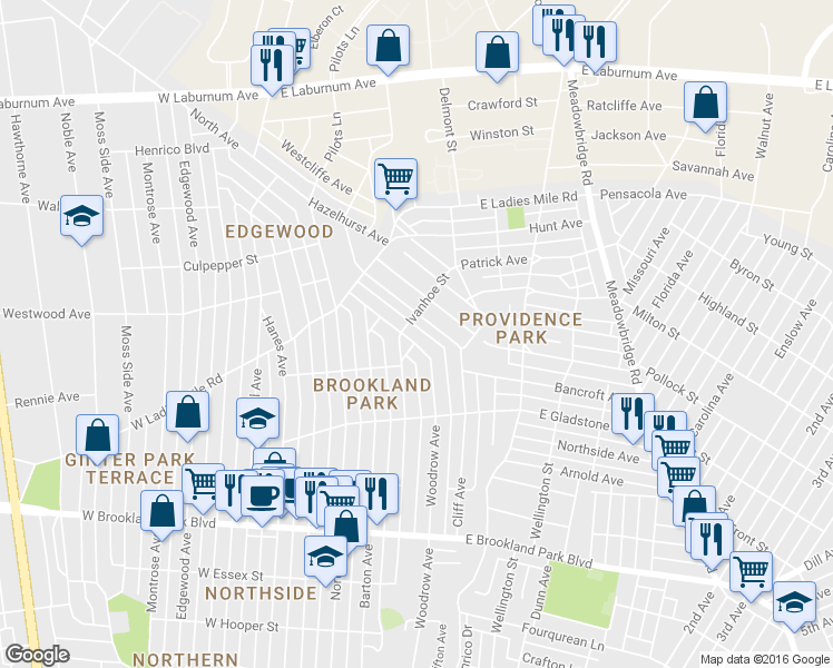 map of restaurants, bars, coffee shops, grocery stores, and more near 3239 Woodrow Avenue in Richmond