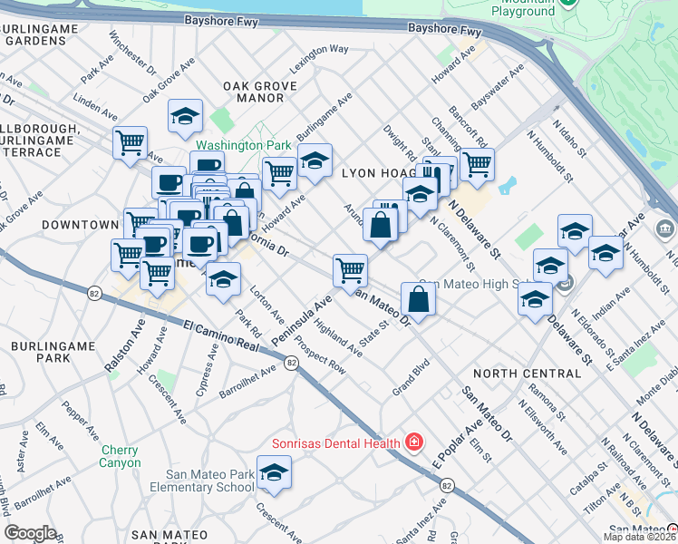 map of restaurants, bars, coffee shops, grocery stores, and more near 6 California Drive in Burlingame