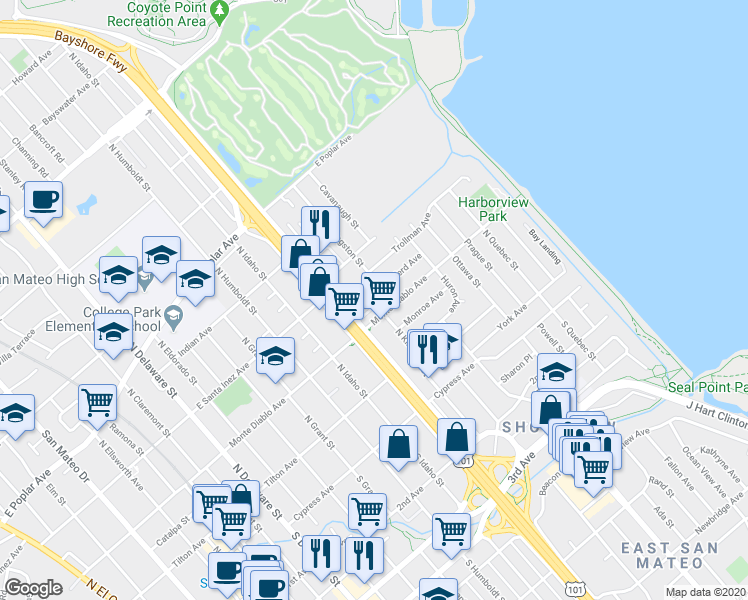 map of restaurants, bars, coffee shops, grocery stores, and more near 220 North Kingston Street in San Mateo