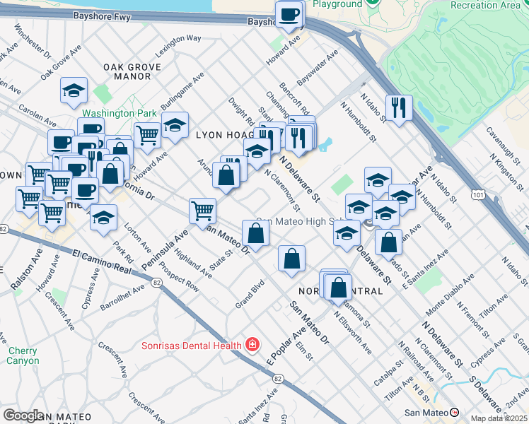 map of restaurants, bars, coffee shops, grocery stores, and more near 417 Studio Circle in San Mateo