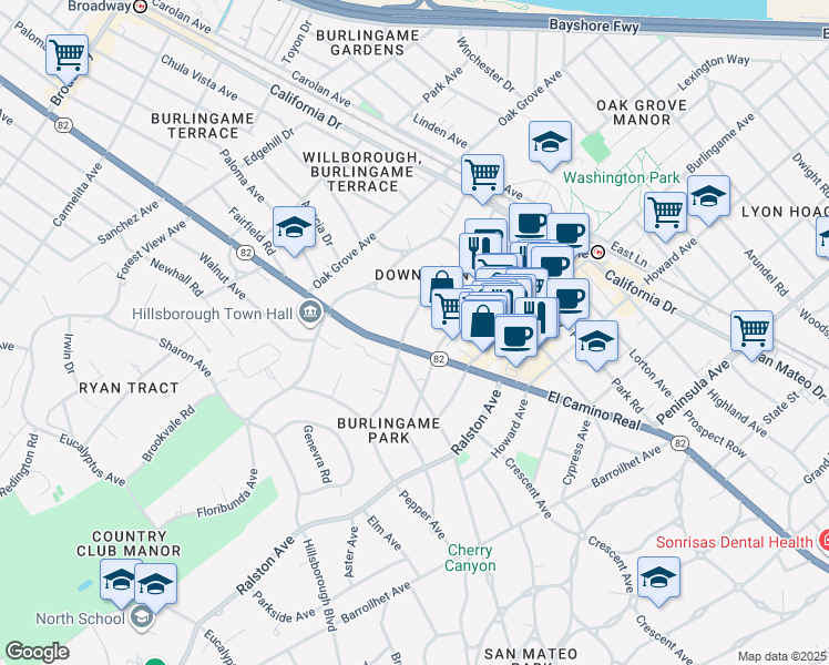map of restaurants, bars, coffee shops, grocery stores, and more near 1457 Bellevue Avenue in Burlingame