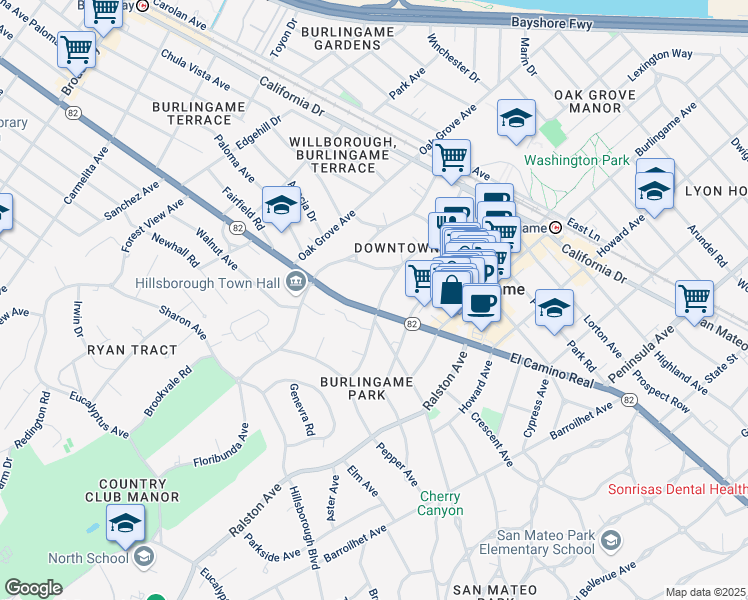 map of restaurants, bars, coffee shops, grocery stores, and more near 524 El Camino Real in Burlingame