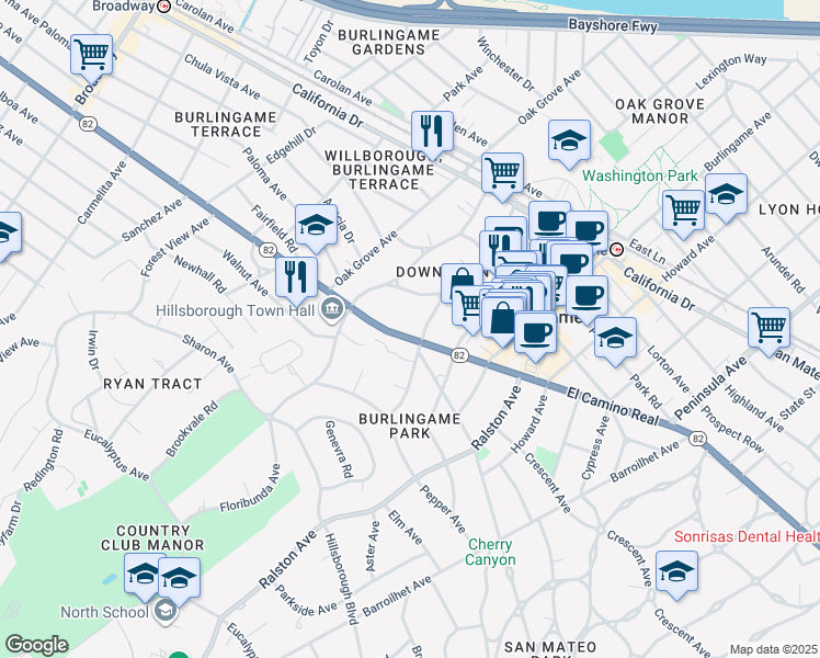 map of restaurants, bars, coffee shops, grocery stores, and more near 524 El Camino Real in Burlingame