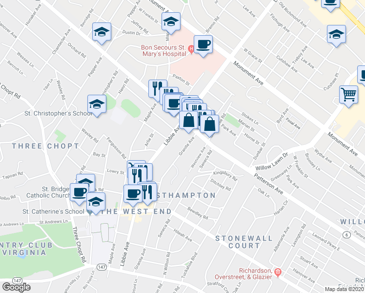 map of restaurants, bars, coffee shops, grocery stores, and more near 532 Granite Avenue in Richmond