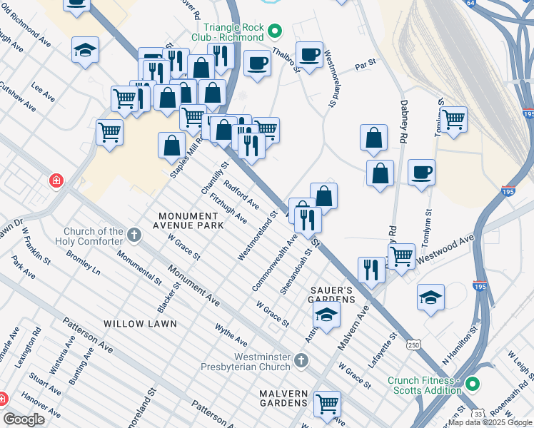 map of restaurants, bars, coffee shops, grocery stores, and more near 4602 Radford Avenue in Richmond