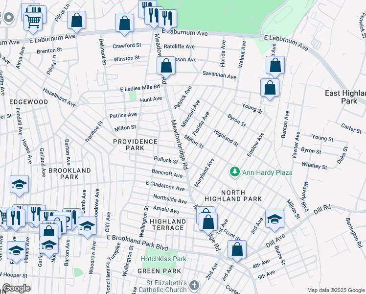 map of restaurants, bars, coffee shops, grocery stores, and more near 3304 Florida Avenue in Richmond