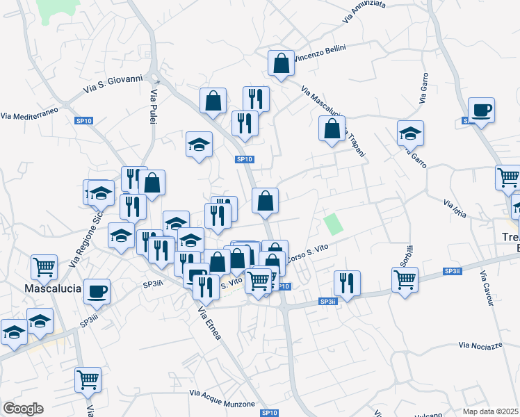 map of restaurants, bars, coffee shops, grocery stores, and more near 7 Via Acireale in Tremestieri Etneo