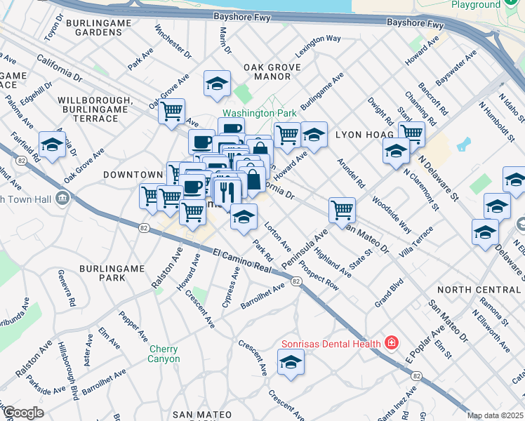map of restaurants, bars, coffee shops, grocery stores, and more near 128 Lorton Avenue in Burlingame