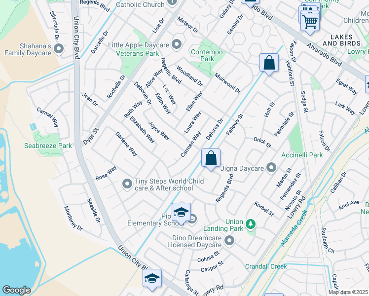 map of restaurants, bars, coffee shops, grocery stores, and more near 4611 Carmen Way in Union City